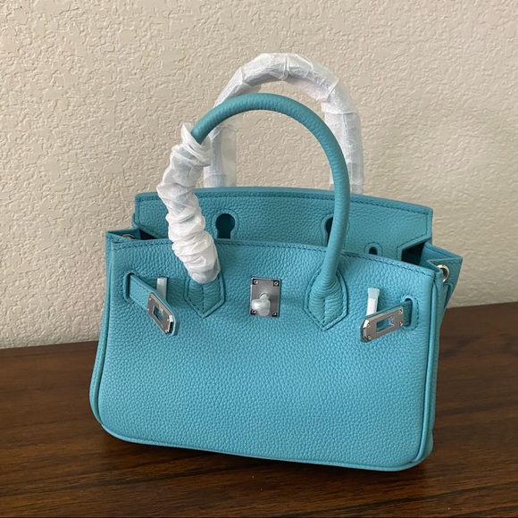 Turquoise Mini 20 Pebble Leather Lock Key Belted Satchel Bag Crossbody S14/B1 - Picture 8 of 13